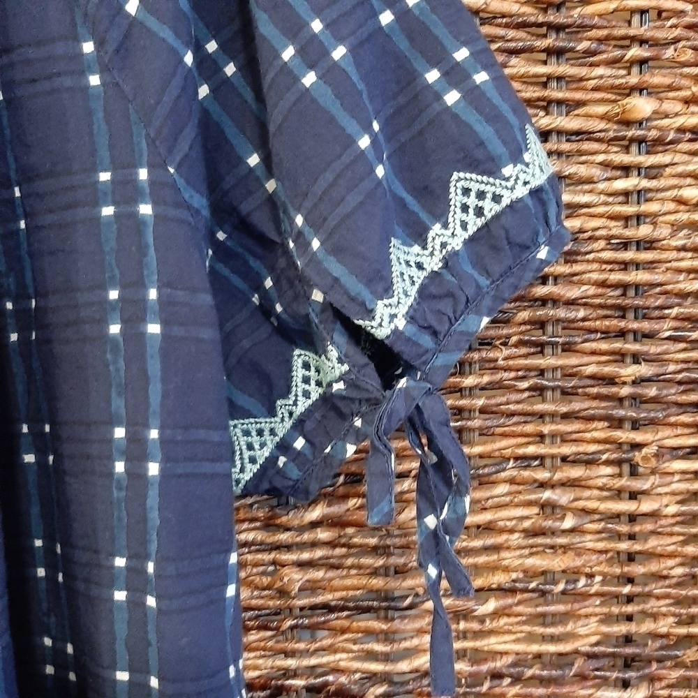 Madewell Embroidered Puff Sleeve Babydoll Mini Dress Indigo Plaid XS Navy Blue - Picture 9 of 12